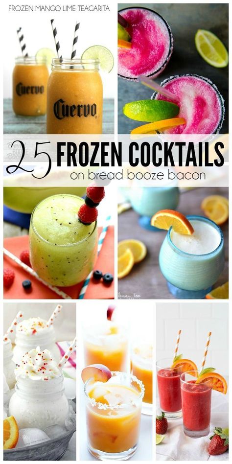 I love a good cocktail and when it's crazy hot in the summer a frozen cocktail is the name of the game!  These 25 Frozen Cocktails come in a rainbow of colors with flavors you'll want to make again and again! Bread Booze Bacon, Blended Cocktail, Frozen Cocktail, Frozen Cocktail Recipes, Frozen Cocktails, Frozen Drinks, Daiquiri, Slushies, Limoncello