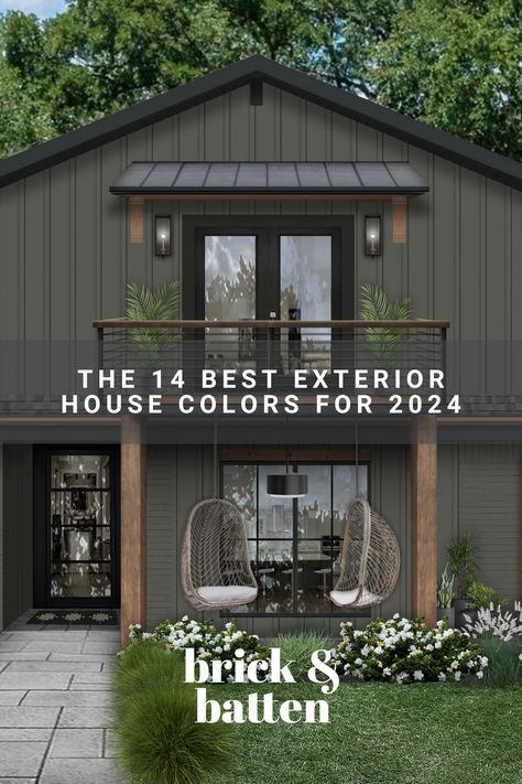 We're excited to present our list of the best exterior house colors for 2024. Whether you desire something dark and moody or light and bright, there’s a designer-approved hue here for everyone. View the full list and let us know which color is your favorite: https://bit.ly/3R3XXux Dark Green Painted Brick House, Modern Cabin Exterior Ideas, Exterior House Colors With Garage Door, Mountain Cottage Exterior Paint Colors, Sand Exterior House Colors, Exterior Mountain Home Paint Colors, Green Exterior With Brick, Mid Century House Exterior Colors, Green Mountain House Exterior