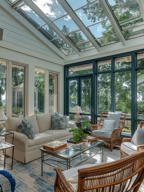 Elegant Coastal Sunroom Inspiration Glass Rooms Sunrooms, Sun Room Off Bedroom, Sunroom Flooring Ideas Farmhouse, Sunroom With Sliding Glass Doors, Coastal Sunroom Ideas, Sunroom Study, Beach House Sunroom, Sunroom Flooring Ideas, Sunroom Interior