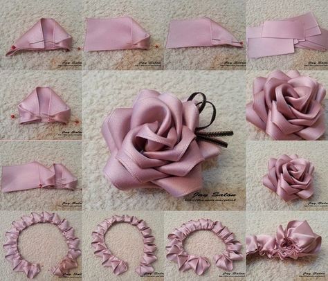 Fabric Roses Diy, Sewing Ribbon Flowers, Sulaman Pita, Ribbon Flowers Diy, Satin Ribbon Roses, Ribbon Flower Tutorial, Diy Flores, Satin Ribbon Flowers, Fabric Flower Tutorial