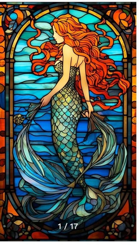 Mermaid Stained Glass Window, Mermaid Glass Painting, Mermaid Stained Glass Pattern, Vitray Art Ideas, Mermaid Mosaic, Stained Glass Tattoo, Disney Stained Glass, Stain Glass Window Art, Painted Glass Bottles