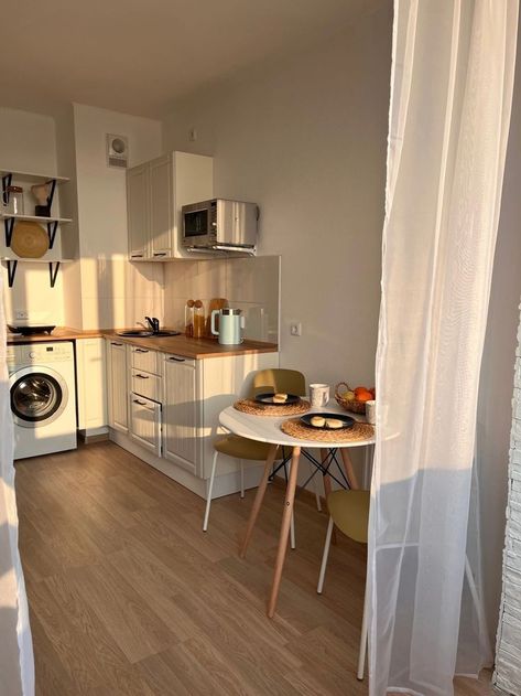 Ikea Tiny Apartment, Small Apartment Kitchen And Living Room, Small Unit Ideas Apartments, Small Appartment Astetics, Small Living Ideas Space Saving, Small Minimal Apartment, Studio Apartment Kitchen Ideas, Mini Apartment Design, One Room Apartment Ideas