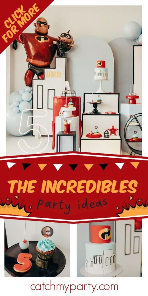 Check out this amazing Incredibles birthday party! The cake is fantastic!  See more party ideas and share yours at CatchMyParty.com Incredible Theme Birthday Party, The Incredibles Birthday Party, Avengers Party Decorations, Incredibles Birthday Party, Turtle Birthday Parties, Prince Birthday Party, Ninja Turtles Birthday Party, Superhero Birthday Cake, Pinwheels Paper