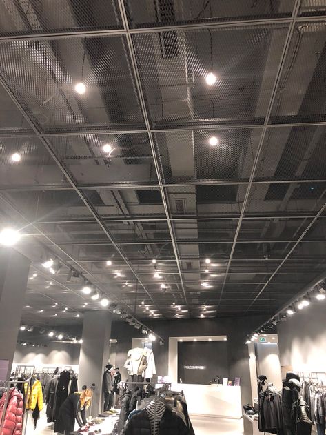 Mesh Suspended Ceiling by Trio Ceiling | Archello Protein Shop, Industrial Ceiling, Suspended Ceiling, U Bahn, School Building, Metal Ceiling, Garage Design, Sports Shops, Sports Bar