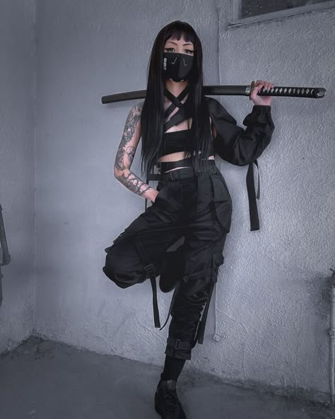 Techwear Pants, Swords, Black Hair, Clothing Accessories, Mask, Tattoos, Wall, Pants, Hair