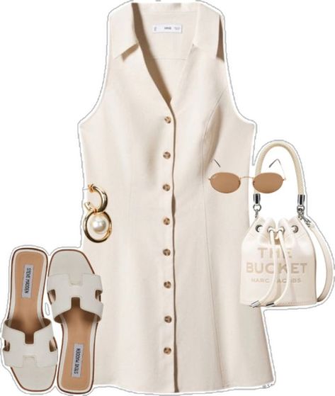 Button Up Summer Dress, All White Spring Outfits For Women, Sleeveless Button Down Dress, Button Through Dress, Casual Outfit Board, Marc Jacobs Bucket Bag Outfit, Summer Outfits With Flats, Mango Outfit 2023, Summer Dress For Work