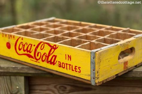 Old Coke Crate Ideas, Old Coke Crates, Coke Crate Ideas, Milk Crate Furniture, Family Heirloom Display, Milk Crate Storage, The Lettered Cottage, Lettered Cottage, Coke Collectibles