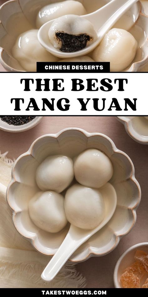 Tang yuan or Chinese glutinous rice balls is a tender, chewy rice ball dessert that is filled with a sweet and nutty black sesame filling. This black sesame tang yuan recipe includes a sweet ginger broth for that extra layer of flavor. Tangyuan is one of my favorite desserts to make because it is incredibly comforting and satisfying. Plus, you can easily customize it with different fillings or broths! Chinese Dessert Recipes, Tofu Pudding, Asian Dessert Recipes, Authentic Asian Recipes, Chinese Dessert, Glutinous Rice, Rice Balls, Snack Treat, Asian Desserts