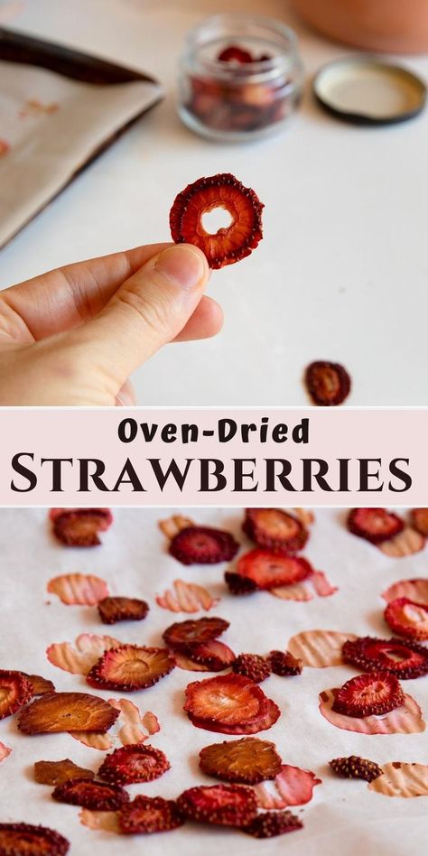 oven dried strawberries up close and one pan. Oven Dried Strawberries, Food Photography Tutorial, Delicious Veggies, Kid Approved Meals, Easy Oven, Dried Strawberries, Valentines Food, Finger Food Appetizers, Homemade Granola