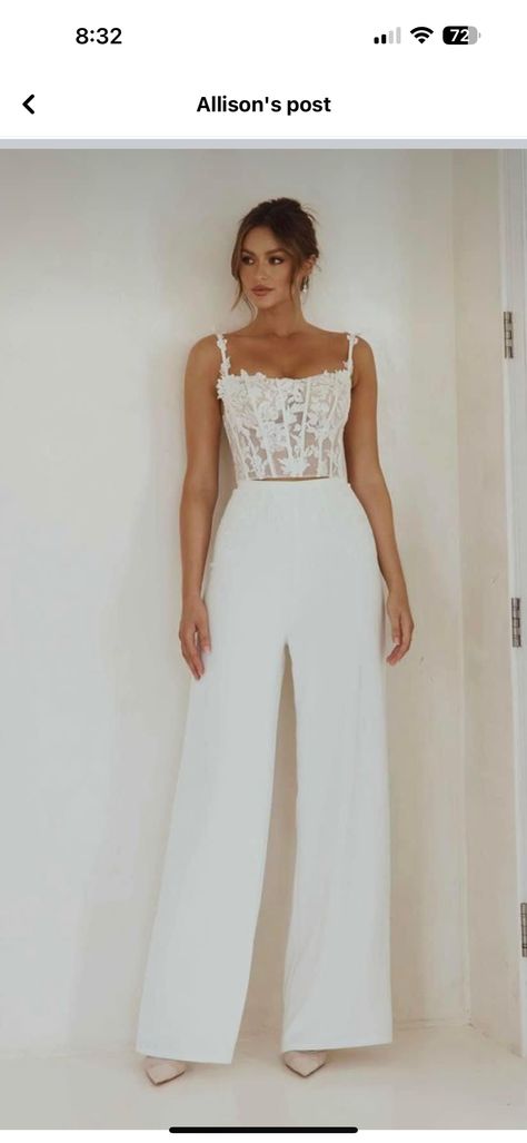 Fun Bride Outfits, Comfy Wedding Reception Outfit, Fun Reception Outfit For Bride, Bride Outfits Rehearsal Dinners, White Suit Wedding Women, Engagement Party Outfit Bride, Wedding Rehearsal Outfit For Bride, Civil Marriage Outfit, Bridal Pantsuit Brides