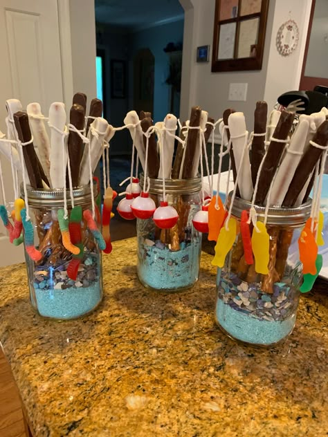 Fishing Birthday Party Cookies, Fishing Candy Bar, Fishing Gender Reveal Food Ideas, Ofishally One Food Ideas, Bait Or Bows Gender Reveal Ideas, Fish He Or Fish She Gender Reveal, Bait Bar, Beach Desserts, Fishing Gender Reveal