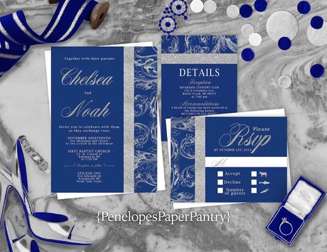 Royal Blue and Silver Wedding Invitations PenelopesPaperPantry.etsy.com #wedding #wedo #inlove #bride #groom #brideandgroom #engagment #shesaidyes #ido #futuremrs #soontobemrs #bridal #inlove #weddingseason #penelopespaperpantry #etsy #sale Blue And Silver Wedding Invitations, Wedding Invitation Examples, Royal Blue And Silver Wedding, Invite Envelope, Silver Wedding Invitation, Royal Blue Wedding Invitations, Silver Calligraphy, Blue And Silver Wedding, Invitation Examples