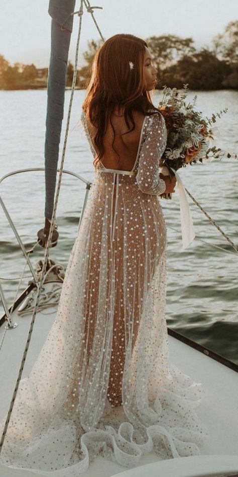 Amazing Boho Wedding Dresses With Sleeves ★ #bridalgown #weddingdress Silver Wedding Dress Older Bride, Vow Renewal Dress 25th Anniversary, Silver Wedding Dresses, Boho Wedding Dresses With Sleeves, Silver Wedding Dress, Peach Gown, Lesbian Weddings, Boho Wedding Dresses, Boho Wedding Gowns