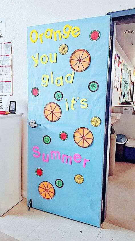 May Classroom Door Ideas Preschool, Summer Themed Classroom Door Decorations, June Classroom Themes, Summer Ideas For Classroom Doors, Summer School Door Decorations, Summer Theme Preschool Classroom Decor, Summer Hallway Decorations, Orange Classroom Decor, August Bulliten Board