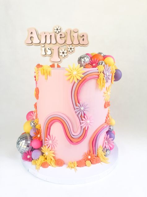 Groovy Skate Cake, 7 Is A Vibe Birthday Cake, Groovy Disco Cake, Ten Is A Vibe Birthday, 10 Is A Vibe Cake, One Groovy Gal Birthday, Flower Power Cake Ideas, Groovy Cake Ideas Birthday, Groovy First Birthday Cake