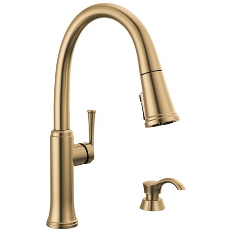 Delta Champagne Bronze Kitchen Faucet, Champagne Bronze Kitchen Hardware, Kitchen Faucet Ideas, Champagne Bronze Kitchen, Kitchen Faucet With Soap Dispenser, Bronze Kitchen Faucet, House Finishes, Kitchen 2022, Delta Kitchen Faucet