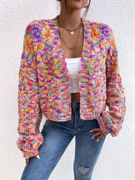 SHEIN Frenchy Space Dye Drop Shoulder Duster Cardigan | SHEIN USA Rainbow Cardigan, Cardigan Outfit, Rainbow Sweater, Winter Knit Hats, Winter Vest, Cropped Cardigan Sweater, Open Sleeve, Vintage Rainbow, Duster Cardigan