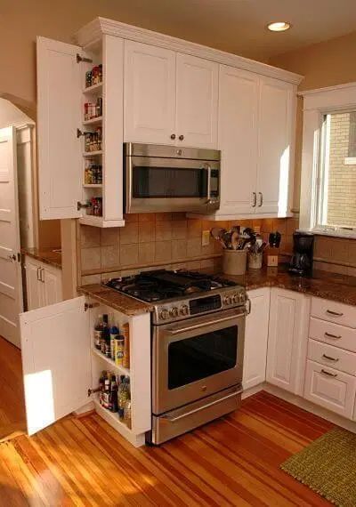 18+ Kitchen Storage Ideas To Use a Dead Space - FarmFoodFamily Organiser Cucina, Farmhouse Kitchen Remodel, White Kitchen Remodeling, Diy Kitchen Remodel, Kitchen Pantry Cabinets, Small Kitchens, Kitchen Remodel Before And After, New Kitchen Cabinets, Classic Kitchen