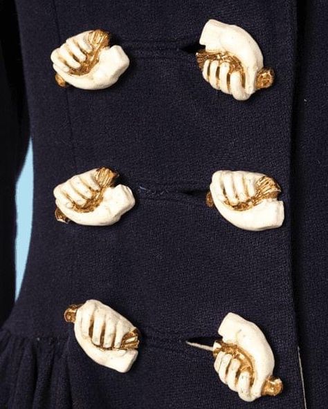 Schaperelli Couture, Elsa Schiaparelli Fashion, Fashion Surrealism, Surrealism Fashion, James And Giant Peach, Sculpture Fashion, Golden Bird, Ceramic Buttons, Button Fashion