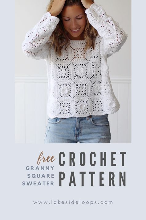 Modern twist on a crochet classic! This beautiful granny square sweater is classy, boho chic, and (most excitingly) perfect for all 4 seasons! Crochet yours with cotton yarn and take advantage of the naturally spaced stitches for a lightweight Spring layer or breathable Summer cover up . . . or use acrylic or wool for a heavier more cozy Fall & Winter feel. Either way this pullover is sure to be your next favourite make. Crochet Top Made Of Squares, Easy Cotton Crochet Patterns Free, Crochet Granny Square Pullover Sweater, Light Sweater Crochet Pattern, Crochet Granny Square Sleeves, Crochet Summer Tops Free Patterns Granny Squares, Light Crochet Sweater, Granny Square Shirt Pattern Free, Granny Square Crochet Top Pattern