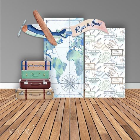 Woo’em Design•Event Signage on Instagram: “Ryan in One! 💙💚 Love this vintage travel set Inquiries: Sunny@wooemdesign.com or shop with me! Check profile for link • • • • #wooemdesign…” Travel Booth Design, Passport Photo Booth, Around The World Theme, Airplane Drawing, Travel Party Theme, Booth Decor, Animal Drawings Sketches, Birthday Travel, Passport Photo