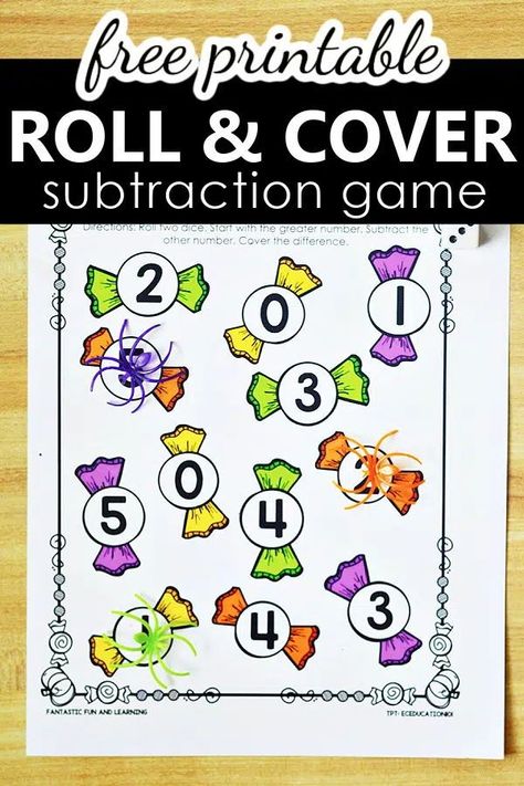 Free Printable Roll and Cover Subtraction Game Halloween Math Center Activity for Kindergarten and First Grade. Download the free printable for your Halloween Theme Activities. Halloween Theme Activities, Halloween Subtraction, Halloween Math Games, Subtraction Centers, Halloween Math Centers, Preschool Theme Activities, Roll And Cover, Halloween Centers, Activity For Kindergarten