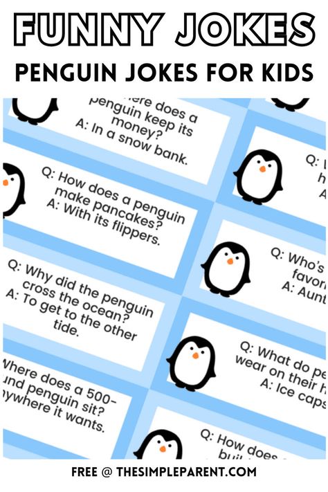 Funny Penguin Jokes for Kids. With Text Reading: Funny Penguin Jokes for Kids. Penguin Jokes, Winter Jokes For Kids, Printable Lunchbox Notes, Winter Jokes, Fun Holiday Crafts, Funny Penguin, Laugh Together, Lunchbox Jokes, Make Pancakes