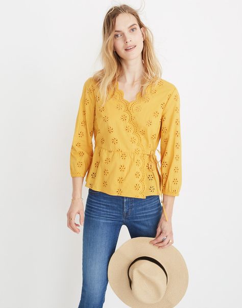 Madewell Petite Scalloped Eyelet Wrap Top in TUNGSTEN GLOW - Size PS Classy Chic, Scalloped Edges, Wrap Blouse, Wrap Top, Womens Clothing Tops, Madewell, Top Shirt, Womens Shirts, Long Sleeve Blouse