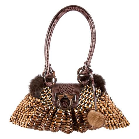 Salvatore Ferragamo With Tags Rare Large Wood Beaded & Mink Fur Hobo Bag - Tradesy Snake Bag, Salvatore Ferragamo Bags, Flower Handbag, Unique Handbags, Snake Skin Bag, Wicker Bags, Unique Purses, Vintage Purses, Designer Shoulder Bags