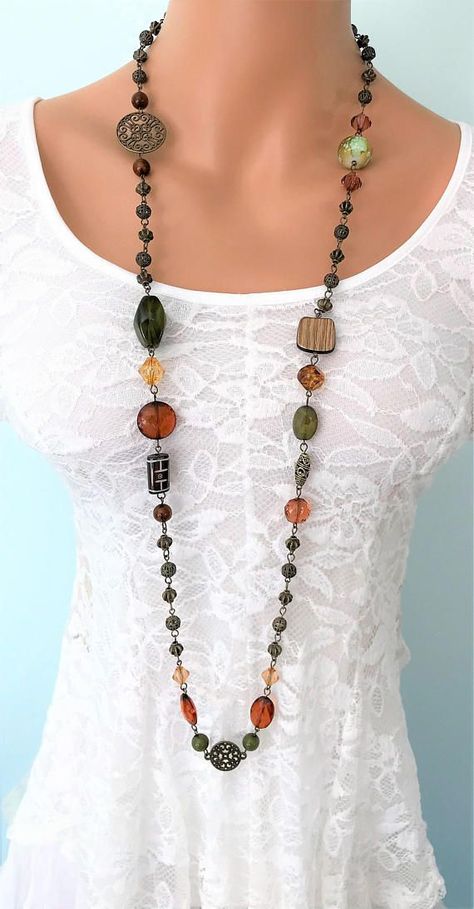 BEADED NECKLACES #BeadedNecklaces Necklaces Green, Necklaces Beaded, Necklace Outfit, Brass Filigree, Handmade Beaded Necklaces, Brown And Green, Long Beaded Necklace, Wood Necklace, Gold Filigree