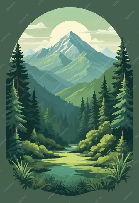 Premium Vector | A poster for a mountain lake with mountains in the background Mountain Vector Art, Lake With Mountains, Mountain Vector, Outdoor Logo, Outdoor Logos, Mountain Background, Blue Landscape, Tshirt Illustration, Dreamy Artwork