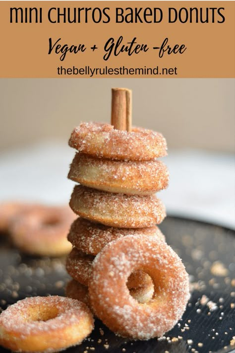 Mini Churros Donuts ( Gluten-free+Vegan) | The Belly Rules The Mind Mini Churros, Baked Doughnuts, Vegan Donuts, Gluten Free Donuts, Donuts Recipe, Desserts Vegan, Tofu Scramble, Gluten Free Sweets, Baked Donuts