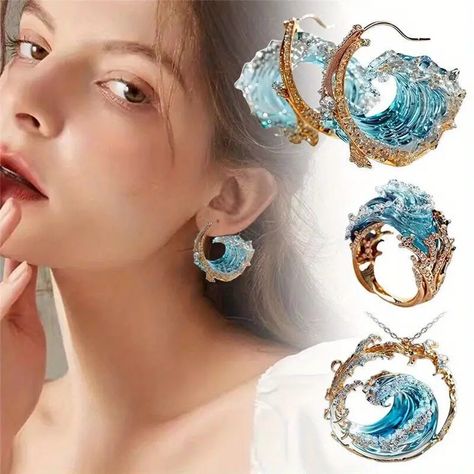 Sea Jewellery Collection exquisite Bohemian - Temu Crystal Jewelry Earrings, Wave Pendant, Sea Jewelry, Marine Theme, Wave Necklace, Ocean Jewelry, Packing Jewelry, Women's Jewelry Sets, Ocean Wave