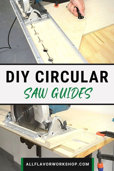 These are the 3 must have DIY Circular Saw Guides you can make yourself for the workshop. A simple straight edge guide for long straight cuts, a saw track for short precise cuts, and circular saw guide for both straight cuts and crosscuts. All of these guides for a circular saw are simple to make and make a nice addition to your workshop. Use the right saw blade and you will achieve great results. How to make a circular saw guide | How to cut straight with a circular saw #garageworkshop #diy Circular Saw Guide Rail, Circular Saw Guide, Circular Saw Track, Homemade Machine, Woodworking Plans Beginner, Woodworking Storage, Woodworking Inspiration, Woodworking Machinery, Woodworking Workshop