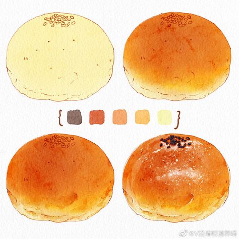 Digital Art Food Tutorial, Watercolor Food Illustration Tutorial, Watercolor Paintings Food, How To Draw Food, Bread Watercolor, Watercolor Food Art, Watercolor Bread, Food Art Drawing, Watercolor Honeycomb