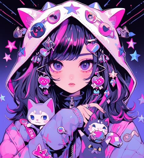 Black Hair, Long Hair, Kittens, Carpet, Hair, Anime, Pink, Blue, Black