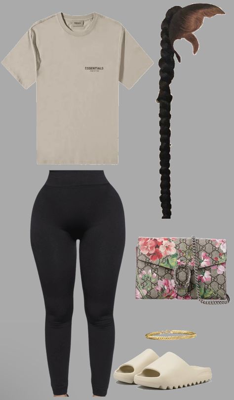 Pretty College Outfits, Cute Clothes Black Women, Essentials Leggings Outfit, Off White Shirt Outfit, Baddie Casual Outfits Summer, Pretty Little Thing Jeans, Lazy Day Outfits Spring, Essentials Outfit Black Women, Essential Shirt Outfit