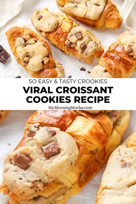 Here's how to make the viral cookie croissant, AKA le crookie. This recipe tastes exceptionally good and is easy to make too! via @MyMorningMocha Cookie Croissant, Mini Eggs Cookies, Triple Chocolate Chip Cookies, Homemade Croissants, Baked Dinner Recipes, Croissant Dough, No Egg Cookies, Baked Dinner, Ginger Bread Cookies Recipe