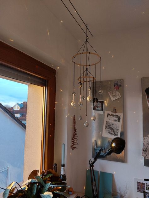 Ceiling Art Diy, Disco Ball Mobile, Disco Chandelier, Disco Ball Home Decor, Disco Ball Chandelier, Diy Disco Ball, Ball Chandelier, Dorm Inspo, Ceiling Art