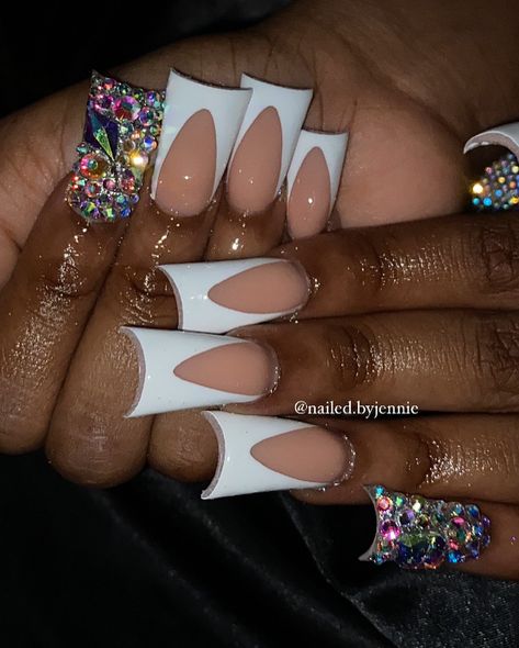 Frenchies + accent bling always eats😍✨ . . . Dm to book!💖 @nailed.byjennie #longnails #ducknails #blingnails #frenchnails #whitenails #nailart #nailsnailsnails #viralnails #viralpost #fresnonails #fresnonailtech #explorepage Duck Nails, Bling Nails, Viral Post, Nail Tech, French Nails, White Nails, Short Nails, Long Nails, Nail Art