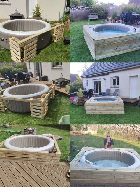 Backyard Inflatable Hot Tub Ideas, Covered Hot Tub Ideas, Blow Up Hot Tub Deck Ideas, Inflatable Hot Tub Surround Diy, Above Ground Pool Cost, Hot Tub Garden Ideas, Outdoor Furniture Ideas Backyards, Small Hot Tub, Deco Spa