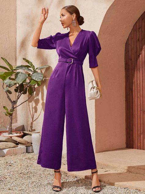 Surplice Front Puff Sleeve Wide Leg Belted Jumpsuit | SHEIN USA Indian Jumpsuit, Jump Suits, Belted Jumpsuit, Belt Jumpsuit, Leg Belt, Shein Style, Half Sleeve, Teal Blue, Half Sleeves