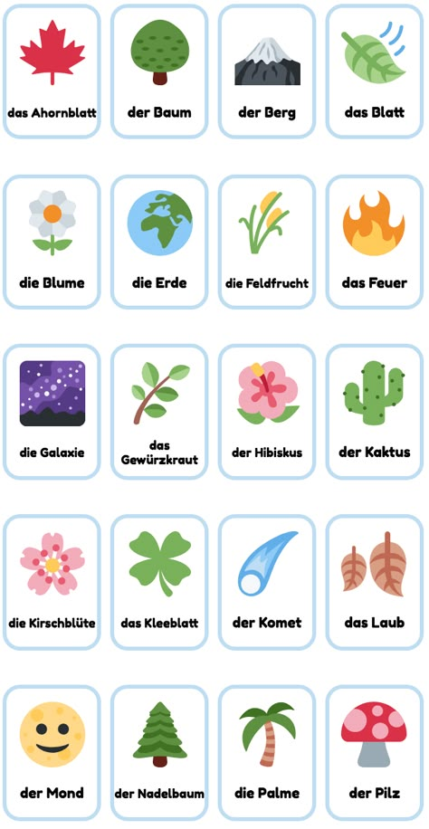 German Flashcards Printables, German Nature, German Flashcards, Toddler Journal, Online Flashcards, German Learning, German Vocabulary, Study German, German Study