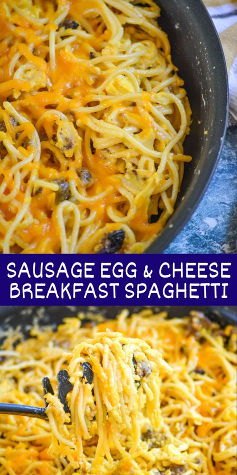 Breakfast is arguably the most important meal of the day, and so few have realized the genius of incorporating pasta laden carbs into the mix. This carbonara inspired breakfast pasta features sausage, melted cheddar cheese, spaghetti noodles, and plenty of scrambled eggs. Breakfast spaghetti is easy to whip up, but filling enough to keep the whole family fueled throughout the day. #spaghetti #breakfast #easy Breakfast Sausage Link Recipes Dinners, Unique Breakfast Recipes, Brinner Ideas, Unique Breakfast Ideas, Breakfast Spaghetti, Man Breakfast, Scrambled Eggs Breakfast, Creative Breakfast Recipes, September Recipes