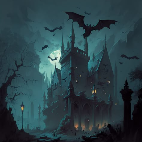 Scary Castle Art, Haunted Castle Drawing, Draculas Castle Castlevania, Vampire Castle Art, Haunted Castle Aesthetic, Haunted Illustration, Villain Castle, Spooky Castle Illustration, Vampire Silhouette