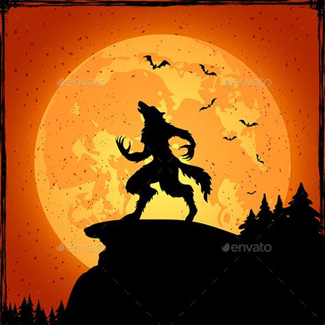 Cute Halloween Images, Vector Library, Bigfoot Pictures, Halloween Grunge, Werewolf Aesthetic, October Crafts, Orange Moon, Vector Art Design, Werewolf Art