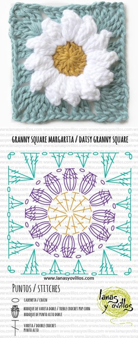 FREE pattern and video tutorial step by step of the Daisy Granny Square Flower Granny Square Diagram, Crochet Flower Granny Square Pattern, Pola Macrame, Diy Tricot, Granny Square Crochet Patterns Free, Crochet Motif Patterns, Pola Amigurumi, Square Crochet Pattern, Crochet Daisy