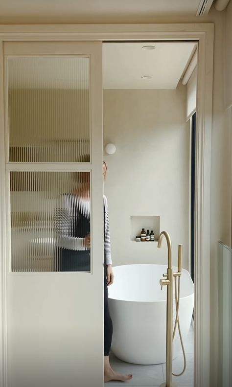 Bathroom With Glass Wall To Outside, Pocket Door Ensuite, Door Ideas For Bathroom, Reeded Glass Bathroom Door, Pocket Door To Bedroom, Sliding Doors Internal Bathroom, Small Kitchen With Sliding Glass Door, Ensuite Bathroom Door, Frosted Glass Pocket Door