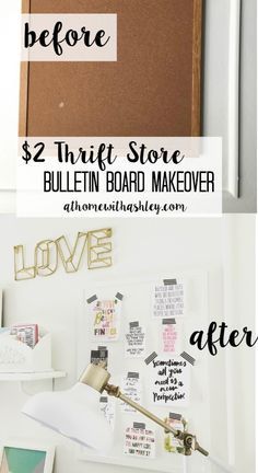 $2 Thrift Store Bulletin Board Makeover easy and cheap! No more ugly cork boards - at home with Ashley Bulletin Board Makeover, Thrift Store Makeover Ideas, Easy Furniture Makeover, Diy Furniture Makeover Ideas, Diy Cork Board, Thrift Store Makeover, Thrift Store Diy, Thrift Store Furniture, Cork Diy