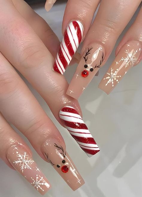 Christmas Nailsdesign, Rudolph Nails, Christmas Nail Decals, Red Sparkly Nails, Christmas Nail Inspo, Christmas Nails Design, Xmas Nail Designs, Holiday Themed Nails, Nail Long